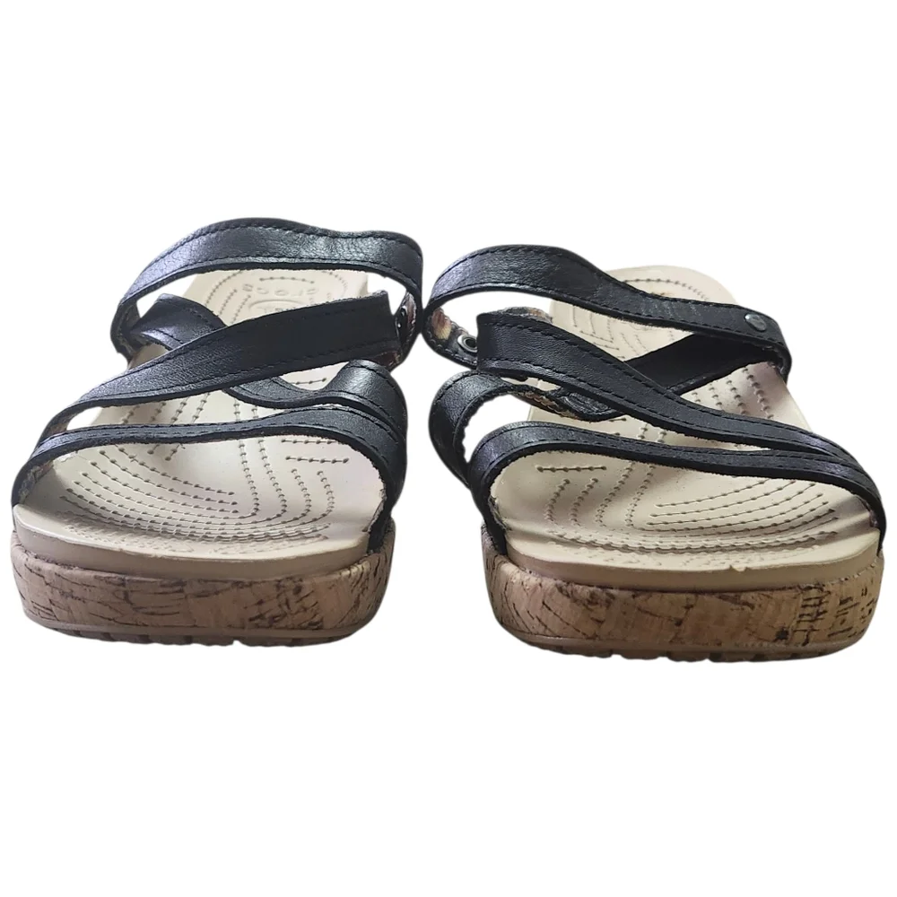 Crocs Black and Tan A-leigh Leather Wedge Sandals. Sz. 9 - Picture 4 of 8